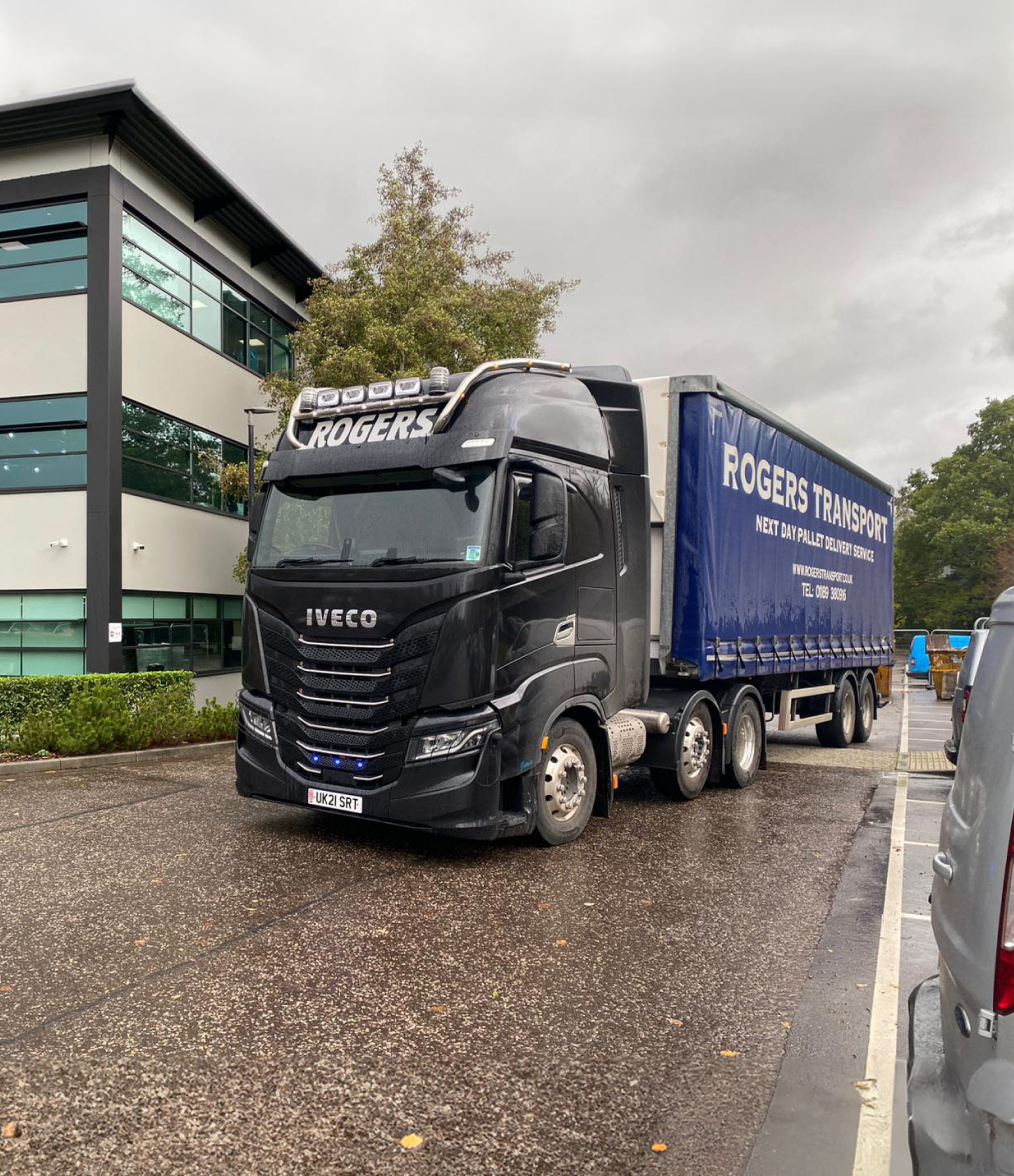 Black Rogers Transport IVECO lorry with next day pallet delivery curtain side trailer